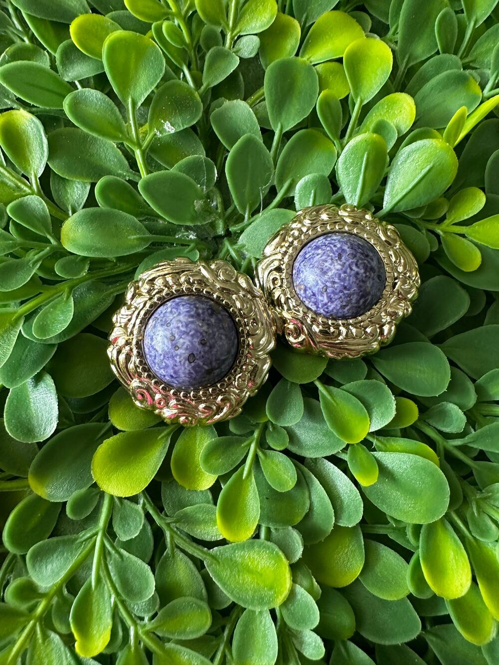 BOGO FREE Boho Gold Tone Statement Stud Earrings Purple Cabochon Ornate 1” Retro
